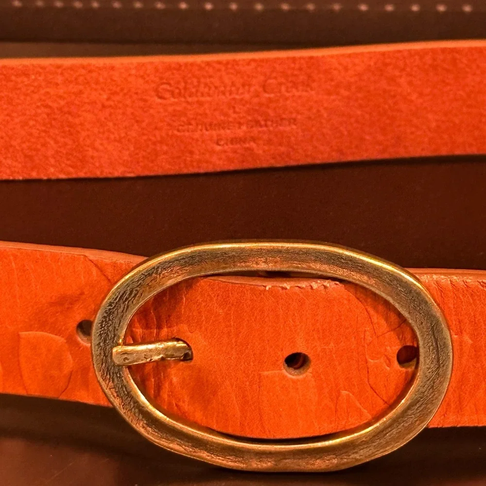 Coldwater Creek Mens Orange Genuine Leather Embossed Floral Belt Brass Buckle L